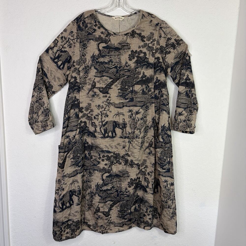 Buykud Asian Inspired Print Lagenlook Dress Long Sleeve Size? Measurements Below
